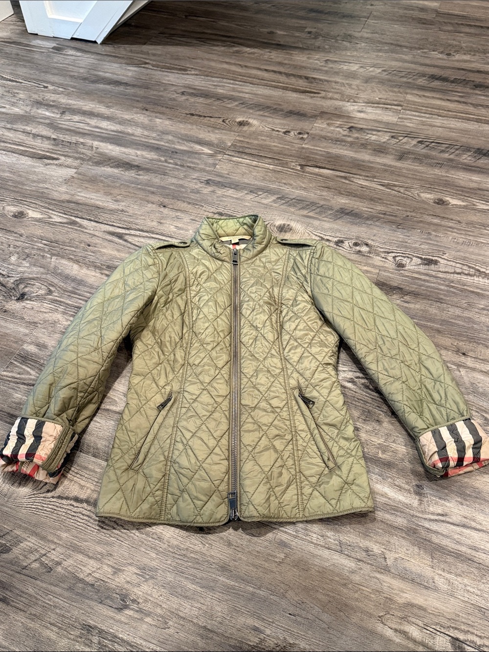 Burberry Brit Olive Green Quilted Jacket Nova Check Lining Women’s Size S - Picture 13 of 16